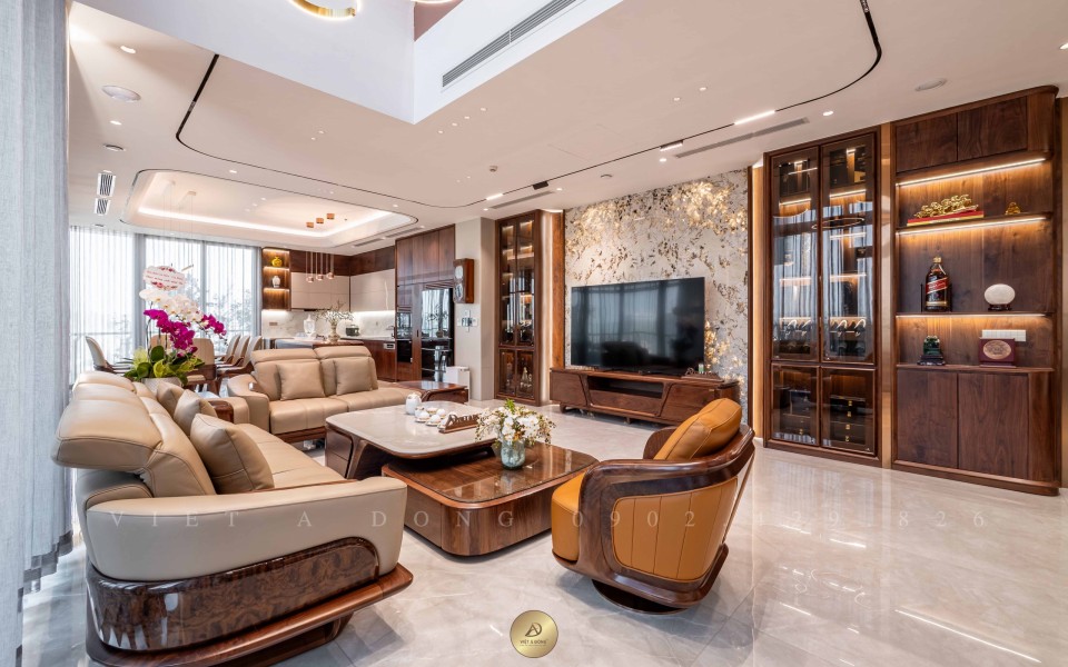 Thi công nội thất biệt thự gỗ óc chó tại Penthouse Golden Palace